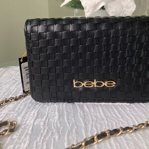 Bebe Black Woven Mini Shoulder Bag Clutch with Gold Chain NWT